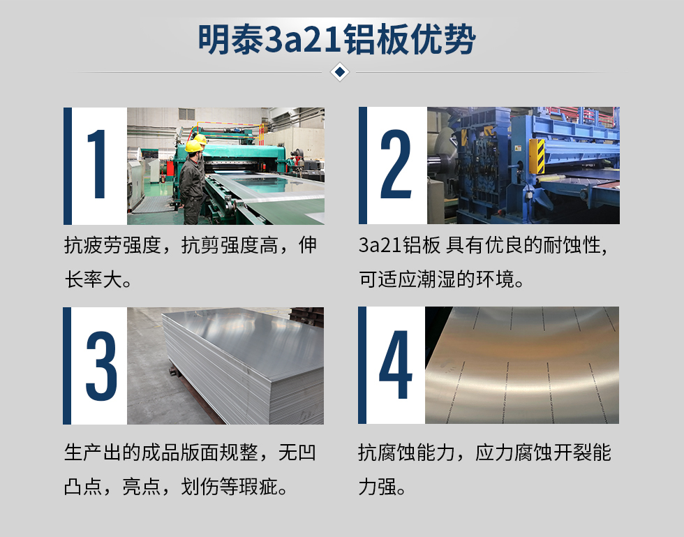 明泰3a21鋁板優(yōu)勢(shì)
　　1、抗疲勞強(qiáng)度，抗剪強(qiáng)度高，伸長(zhǎng)率大。
　　2、3a21鋁板 具有優(yōu)良的耐蝕性,可適應(yīng)潮濕的環(huán)境。
　　3、 生產(chǎn)出的成品版面規(guī)整，無凹凸點(diǎn)，亮點(diǎn)，劃傷等瑕疵。
　　4、抗腐蝕能力，應(yīng)力腐蝕開裂能力強(qiáng)。